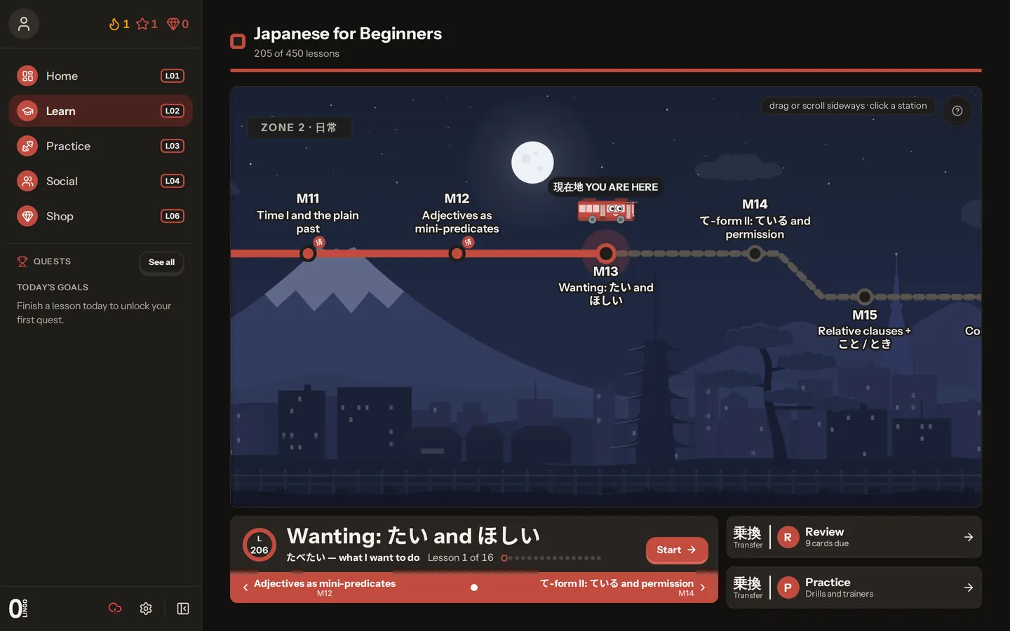 The app on desktop: the Japanese course as a train line across a city skyline, at module 13
