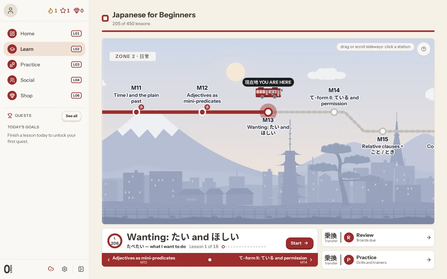 The app on desktop: the Japanese course as a train line across a city skyline, at module 13