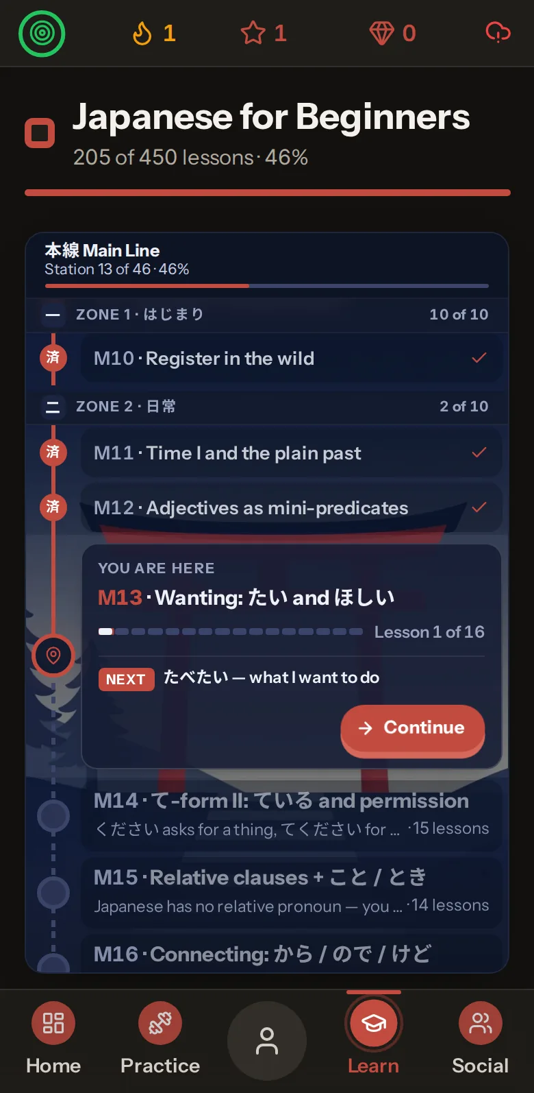 The Learn map on iPhone: the Japanese course as a list of stations, with the next lesson ready to continue