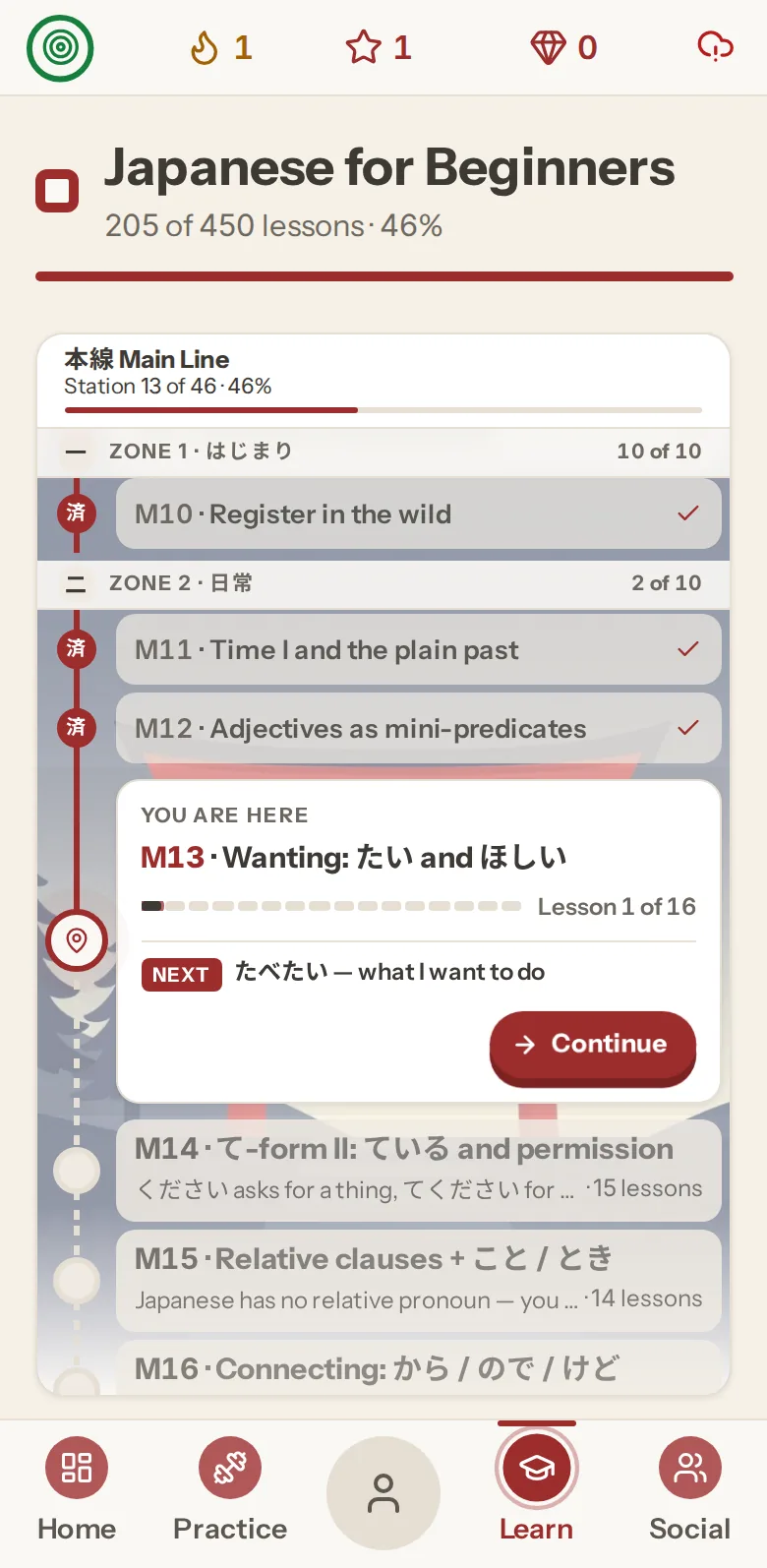 The Learn map on iPhone: the Japanese course as a list of stations, with the next lesson ready to continue